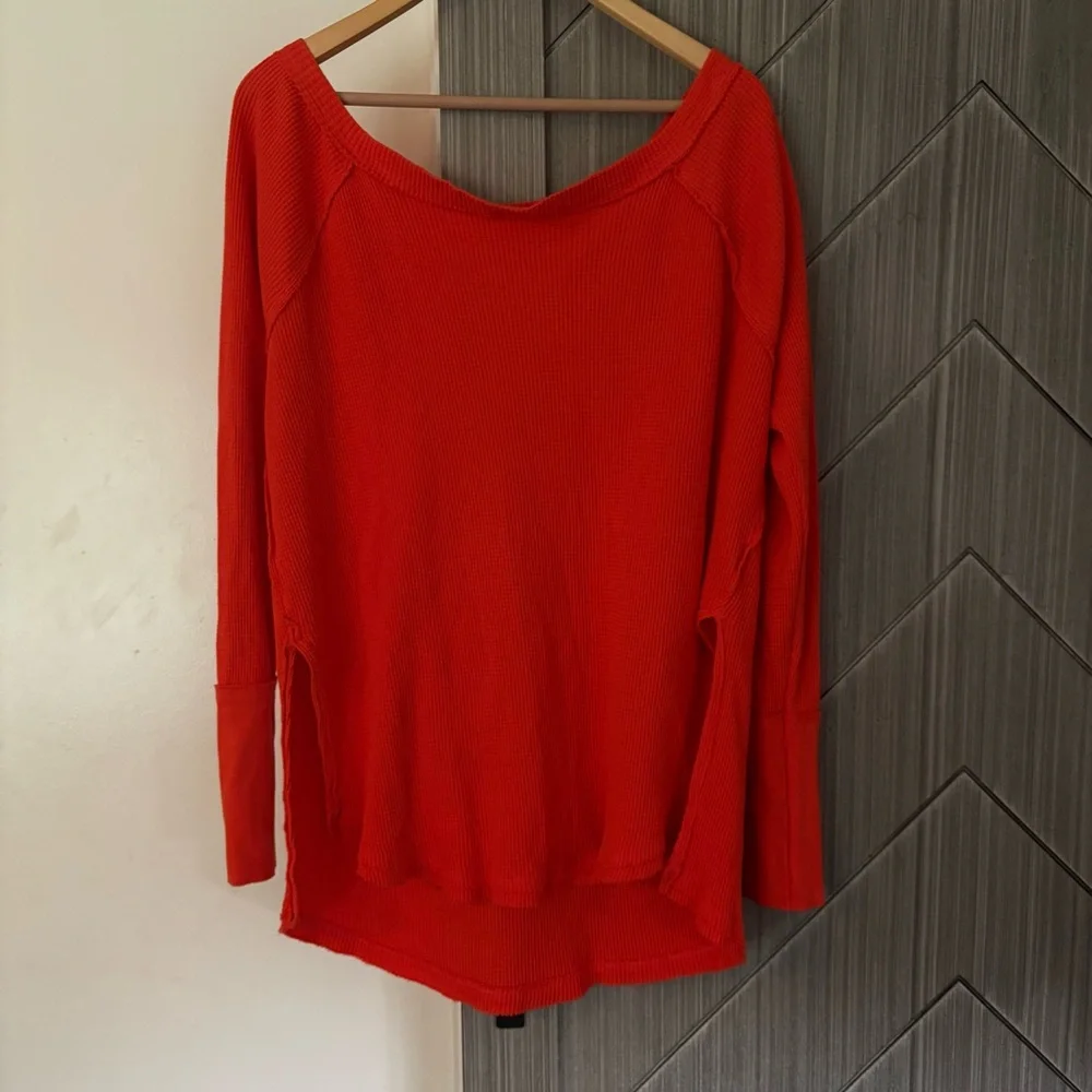 We The Free Snowy Thermal Tunic Top Oversized Boat Neck Waffle Orange Size Small